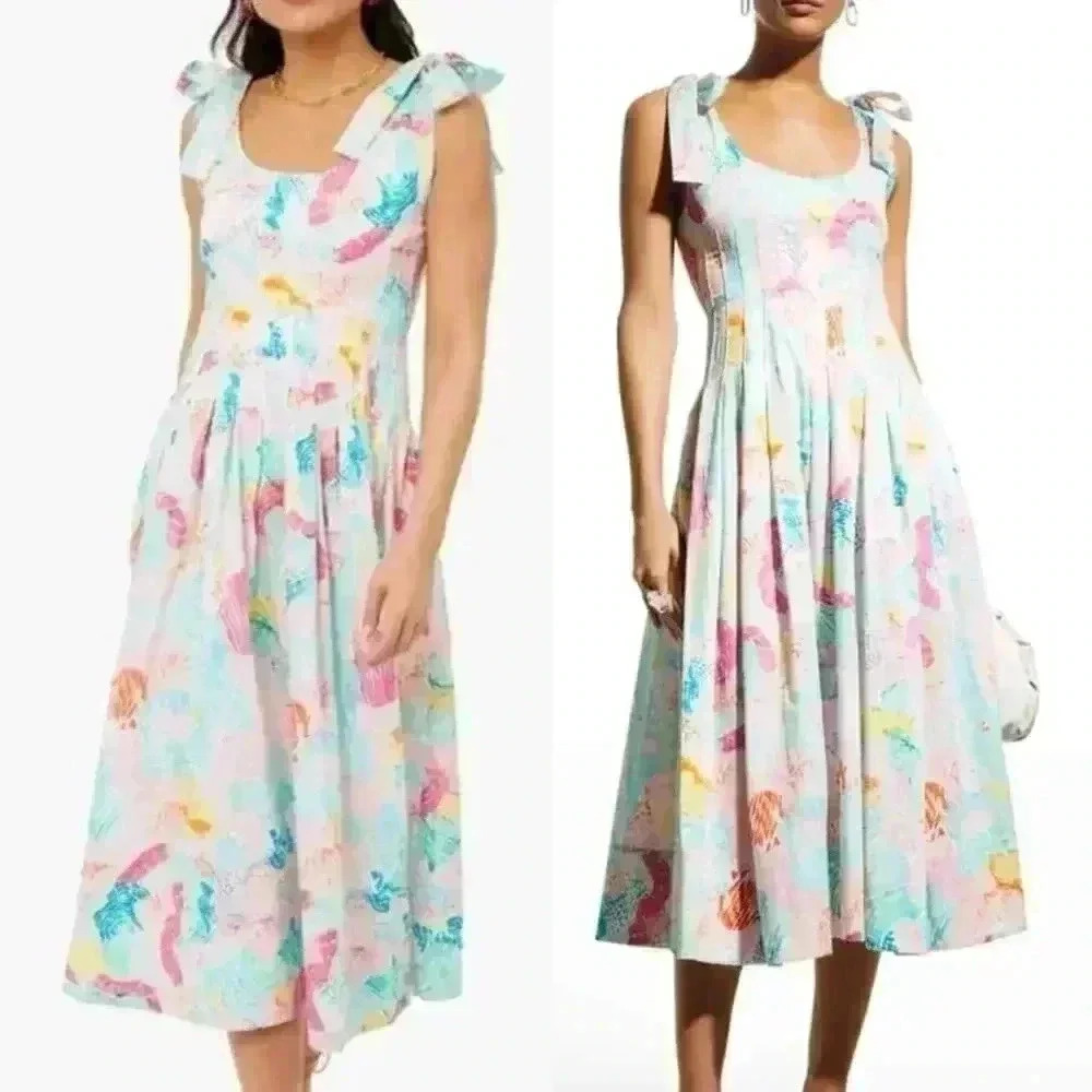 HUNTER BELL Pastel Floral Tie-Shoulder Scoop-Neck Midi Dress